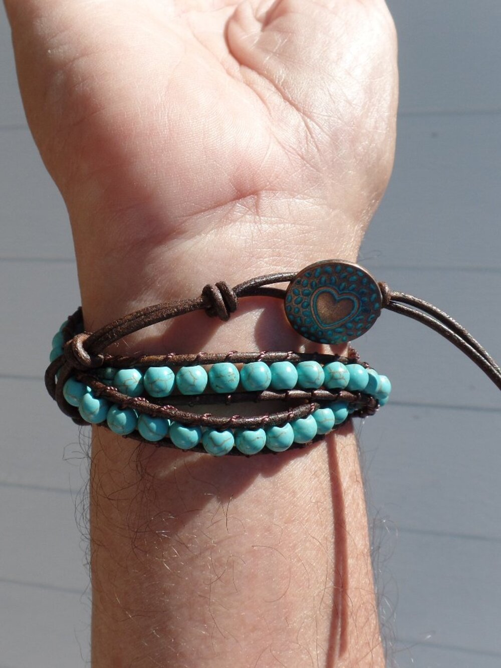 Howlite Turquoise STONE Bracelet Seed Bead Wrap NWOT BLUE HEART CLASP - Picture 3 of 6